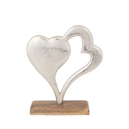 DECORATION HEARTS ON A WOODEN  BASE WOOD-ALUMINIUM SILVER-NATURAL 22x5x27cm