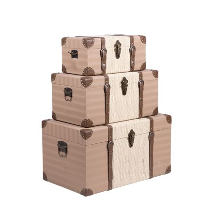 S/3 WOODEN - PU CHEST BROWN - BEIGE 69x36x32cm / 49x28x24cm / 40x24x20cm