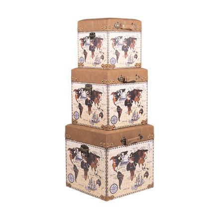S/3 CHEST PU MAP BROWN - BEIGE 40x40x40cm / 34x34x34cm / 28x28x28cm
