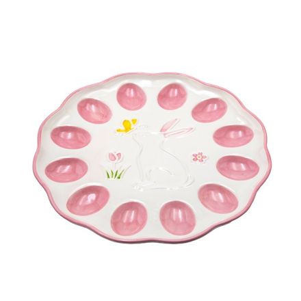 DECORATIVE EASTER EGG POT WITH RABBIT CERAMIC WHITE - PINK 25.7x2.2cm