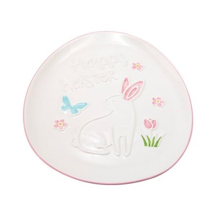 DECORATIVE EASTER PLATE WITH RABBIT CERAMIC WHITE - PINK 20.6x26x1.7cm