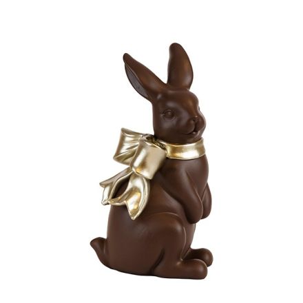 EASTER BUNNY POLYRESIN WITH GOLD BOW BROWN  11.5x10x20.8cm