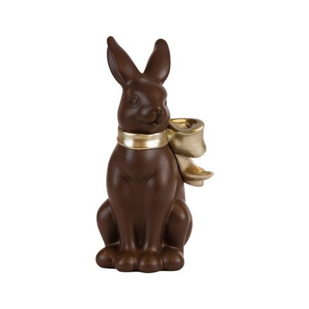 EASTER BUNNY POLYRESIN WITH GOLD BOW BROWN 6.8x6.5x22cm