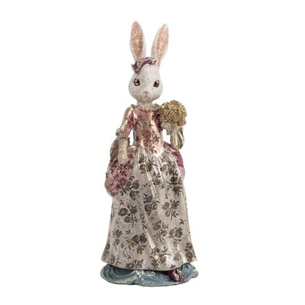 EASTER RABBIT WITH A WATCH IN A DRESS WITH FLOWERS POLYRESIN WHITE - PINK 13.5x13.5x35cm