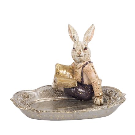 EASTER RABBIT WITH BOOK ON PLATE POLYRESIN WHITE - GOLD - PINK   14x10x10cm