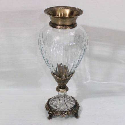 ΒΑΖΟ ΓΥΑΛΙΝΟ ΜΕ ΜΕΤΑΛΛΙΚΑ ΤΕΛΕΙΩΜΑΤΑ ΑΝΤΙΚΕ ΧΡΥΣΟ-ΔΙΑΦΑΝΕΣ ΓΥΑΛΙ 17x17x38cm