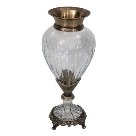 VASE GLASS WITH METALLIC ACCENTS ANTIQUE GOLD-CLEAR GLASS 17x17x38cm