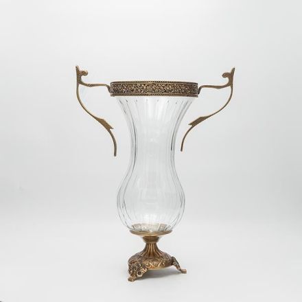 ΒΑΖΟ ΓΥΑΛΙΝΟ ΜΕ ΜΕΤΑΛΛΙΚΑ ΤΕΛΕΙΩΜΑΤΑ ΑΝΤΙΚΕ ΧΡΥΣΟ-ΔΙΑΦΑΝΕΣ ΓΥΑΛΙ 27x16x38cm