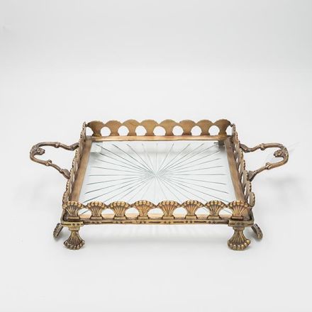 TRAY GLASS WITH METALLIC ACCENTS ANTIQUE GOLD-CLEAR GLASS 36x27x7cm