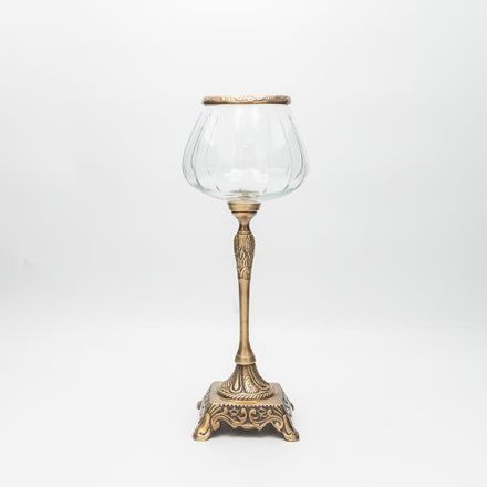 CANDLE HOLDER GLASS WITH METALLIC BASE ANTIQUE GOLD-CLEAR GLASS 13x13x33cm
