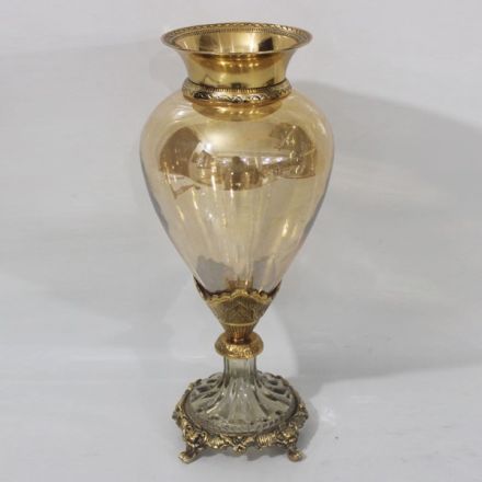 ΒΑΖΟ ΓΥΑΛΙΝΟ ΜΕ ΜΕΤΑΛΛΙΚΑ ΤΕΛΕΙΩΜΑΤΑ ΑΝΤΙΚΕ ΧΡΥΣΟ-ΜΕΛΙ ΓΥΑΛΙ 17x17x38cm