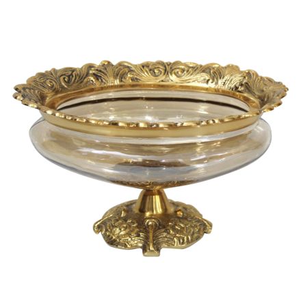 BOWL GLASS WITH METALLIC ACCENTS ANTIQUE GOLD-AMPER GLASS 26x18x17cm