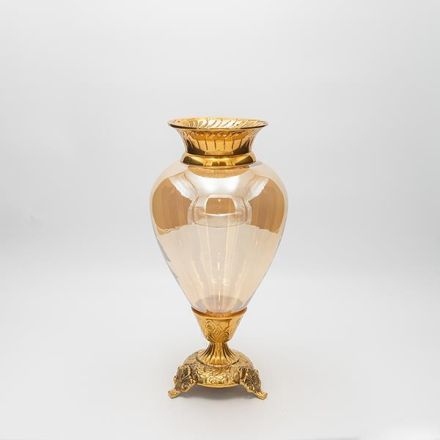 VASE GLASS WITH METALLIC ACCENTS ANTIQUE GOLD-AMBER GLASS 17x17x33cm