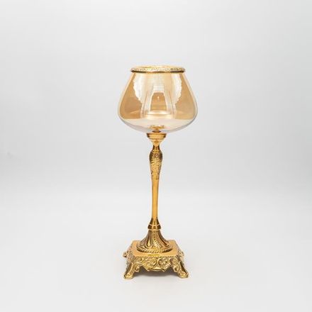 CANDLE HOLDER GLASS WITH METALLIC BASE ANTIQUE GOLD-AMBER GLASS 13x13x33cm