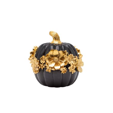 TABLE DECORATIVE PUMPKIN WITH FLOWERS POLYRESIN BLACK-GOLD 14.8x14.4x14.2cm