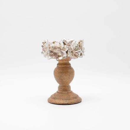 CANDLE HOLDER FLOWERS POLYRESIN-WOOD NATURAL-SILVER 12.5x12.5x18.5cm
