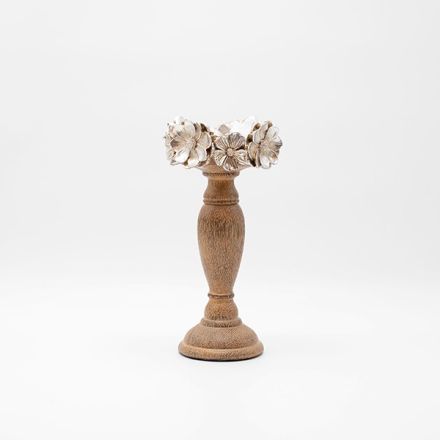 CANDLE HOLDER FLOWERS POLYRESIN-WOOD NATURAL-SILVER 12.3x12.3x26cm