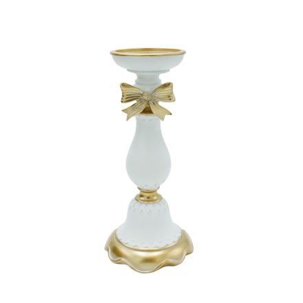 CANDLE HOLDER WITH A BOW POLYRESIN WHITE-GOLD 11.8x11.8x26.5cm