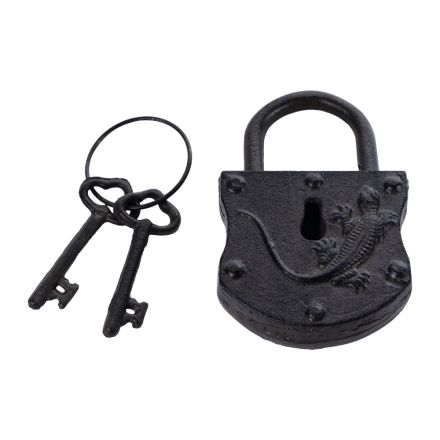 DECORATIVE TRADITIONAL CAST IRON LOCK WITH KEYS ANTIQUE FINISH 10x3x15cm