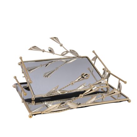 S/2 TRAY METAL WITH MIRROR GOLD 37x26cm /32x20cm