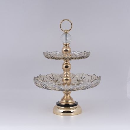 DECORATIVE CAKE STAND 2 TIERS GLASS WITH GOLD DETAILS 31x42cm