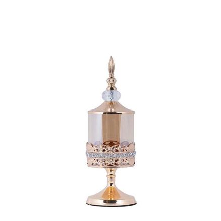 DECORATIVE GLASS JAR WITH LID METALLIC ACCENTS GOLD - AMBER GLASS 10x28cm