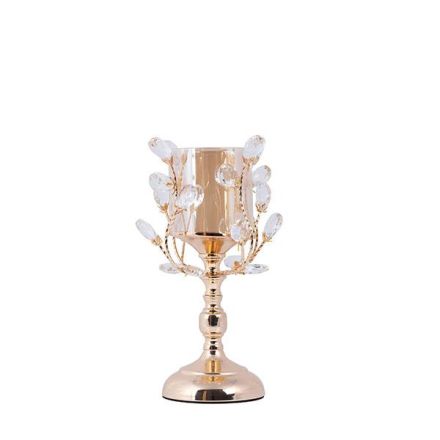 CANDLE HOLDER GLASS WITH CRYSTAL DETAILS METALLIC BASE GOLD - AMBER GLASS 10x24cm