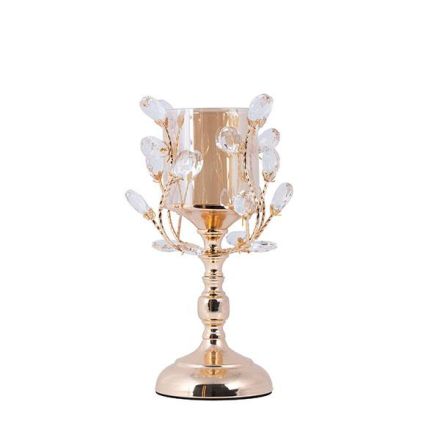 CANDLE HOLDER GLASS WITH CRYSTAL DETAILS METALLIC BASE GOLD - AMBER GLASS 10x31cm