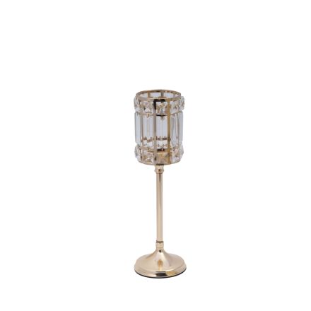 CANDLE HOLDER GLASS WITH CRYSTAL DETAILS METALLIC BASE GOLD - WHITE - CLEAR GLASS 11x26cm