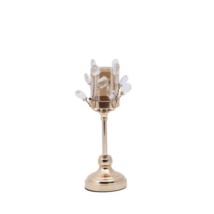 CANDLE HOLDER GLASS WITH CRYSTAL DETAILS METALLIC BASE GOLD-WHITE-AMBER GLASS 10x27cm