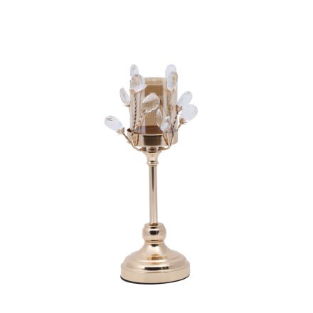 CANDLE HOLDER GLASS WITH CRYSTAL DETAILS METALLIC BASE GOLD-WHITE-AMBER GLASS 10x32cm