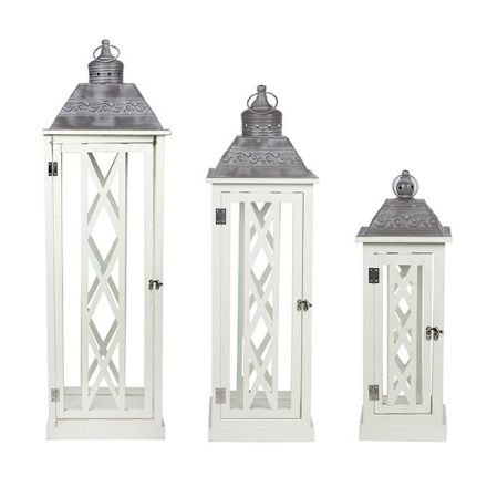 S/3 LANTERNS WOODEN WHITE METAL 32x32x102cm / 24.5x24.5x79cm / 17.5x17.5x52cm