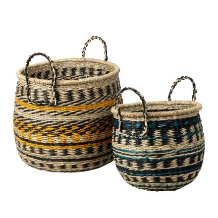 S/2 STRAW BASKET MULTICOLOR 35x35x38cm / 28x28x33cm