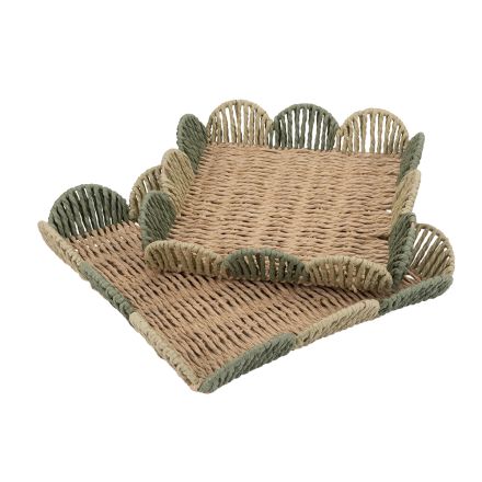 S/2 TRAYS PAPER STRING NATURAL - GREEN 32x32x5,5cm / 26x26x5,5cm