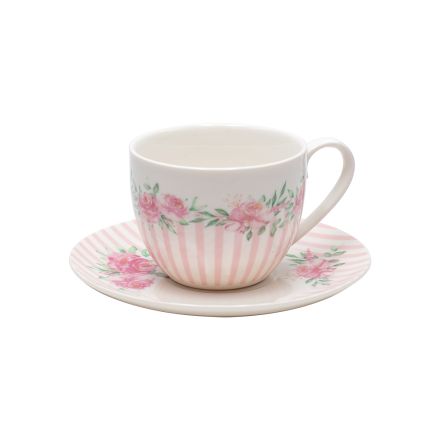 MUG WITH SAUCER PORCELAIN WHITE WITH PINK FLOWERS 230ml