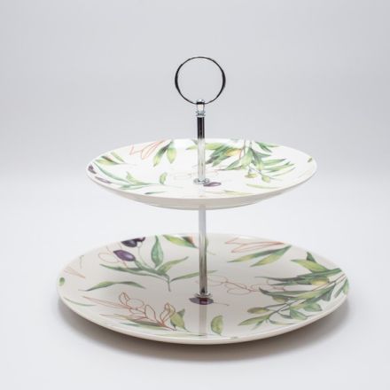 CAKE STAND 2 TIERS PORCELAIN WITH OLIVE BRANCHES 26cm / 20cm